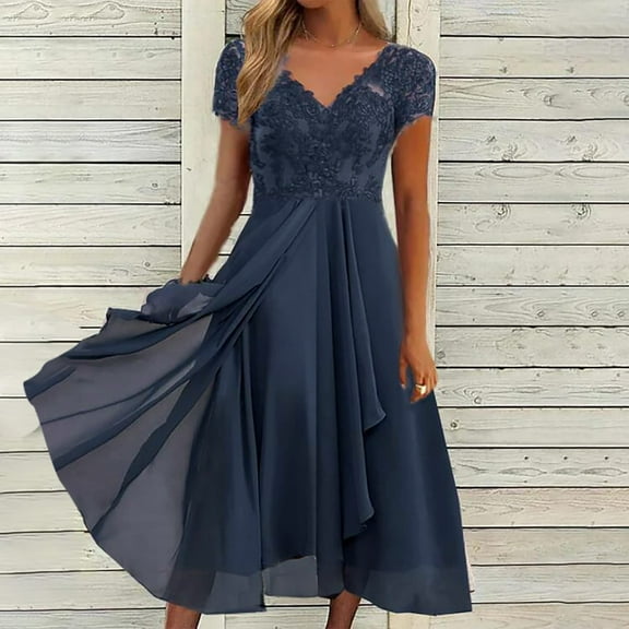 Dresses for Women Chiffon V Neck Splicing Lace Hollow Female Long Bridesmaid Sun Dress Blue M