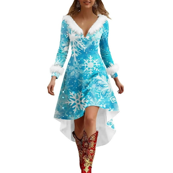 Dresses for Women Christmas Print V Neck Fringed Long Sleeved Fashion Casual Dress