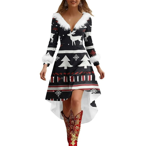 Dresses for Women Christmas Print V Neck Fringed Long Sleeved Fashion Casual Dress