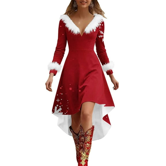 Dresses for Women Christmas Print V Neck Fringed Long Sleeved Fashion Casual Dress