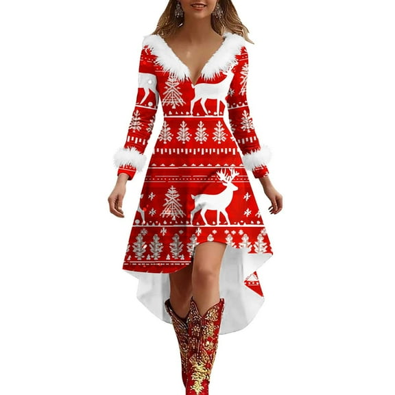 Dresses for Women Christmas Print V Neck Fringed Long Sleeved Fashion Casual Dress
