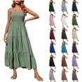 thumbnail image 1 of Dresses for Women Bohemian Spaghetti Strap Smocked Tiered Long Beach Sun Dresses Sleeveless Solid Maxi Dress, 1 of 9