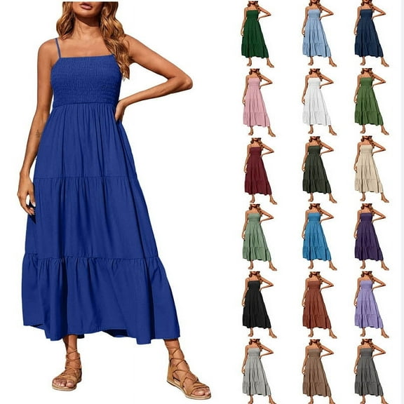 Dresses for Women Bohemian Spaghetti Strap Smocked Tiered Long Beach Sun Dresses Sleeveless Solid Maxi Dress