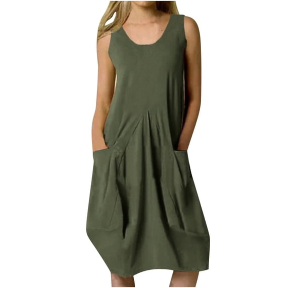 Dresses for Women Cotton Linen Color Loose Round Neck Sleeveless Dress Women's Casual Sleeveless