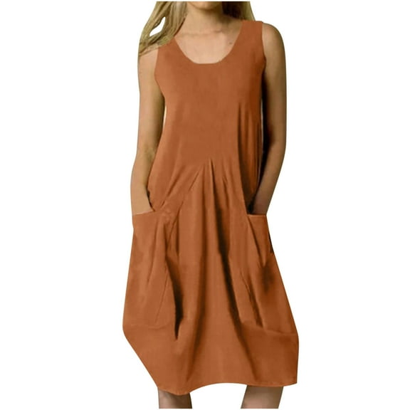 Dresses for Women Cotton Linen Color Loose Round Neck Sleeveless Dress Women's Casual Sleeveless