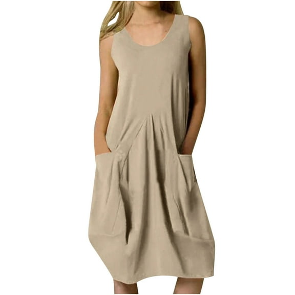Dresses for Women Cotton Linen Color Loose Round Neck Sleeveless Dress Women's Casual Sleeveless