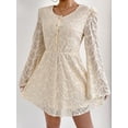 thumbnail image 1 of Dresses for Women Cream Lace A Line Mini Dress Puff Shoulder Flare Sleeve Button Front Casual Dress, 1 of 5