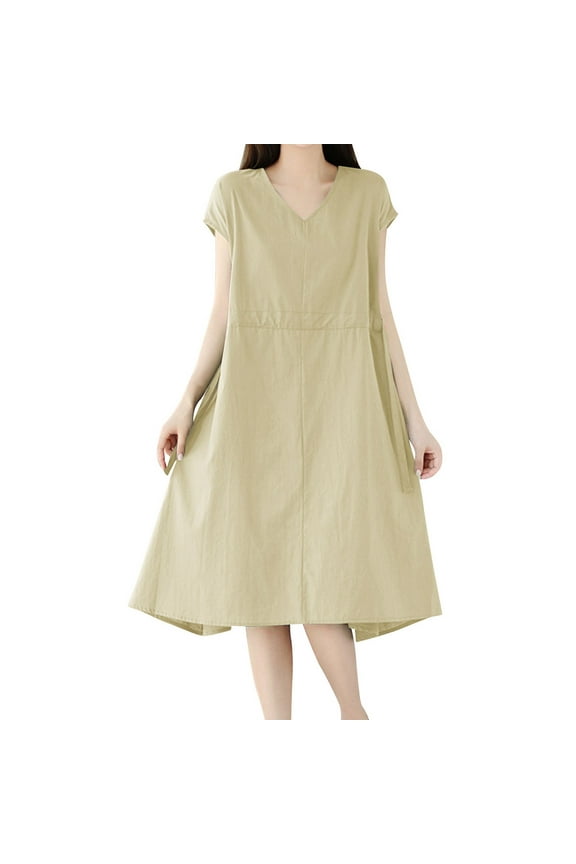 Dresses for Women Crewneck Cap Sleeve Elegant Drawstring Waisted Midi Dress Plus-size Linen Shift Shirt Dress