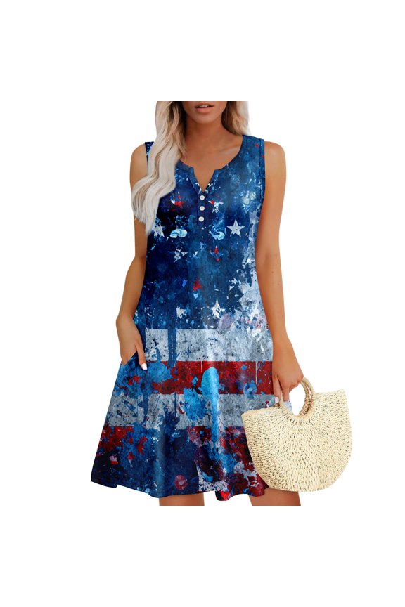 Dresses for Women Cute 250 Years Anniversary Flora Summer Dresses Aline Sleeveless Casual Independence Day V Neck Sundress with Pockets