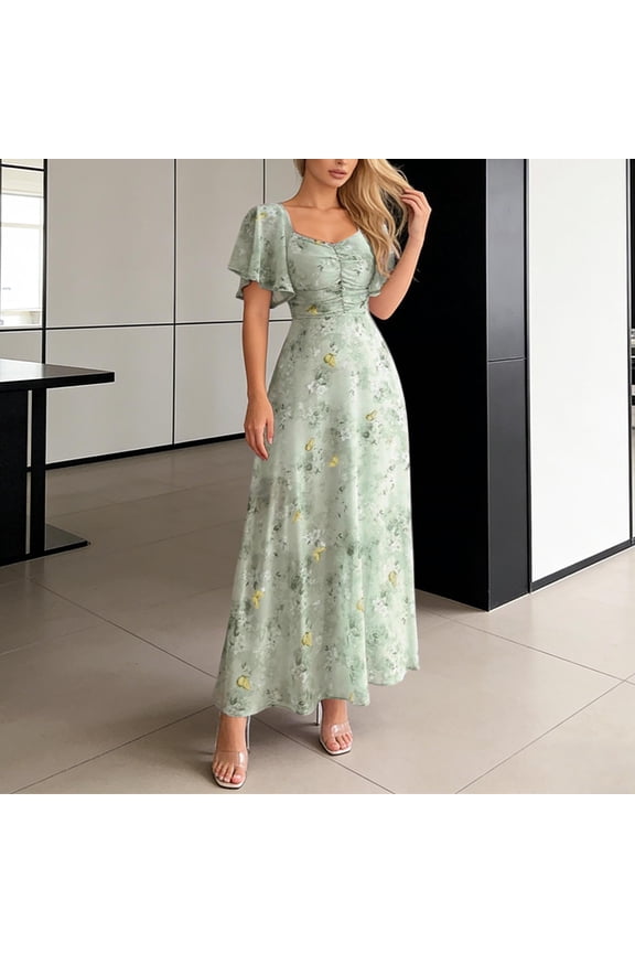 Dresses for Women Elegant Chiffon Dresses Short Sleeves Boho Maxi Dress Flowy Wedding Guest Dress Spring Dresses for Women (Green M)