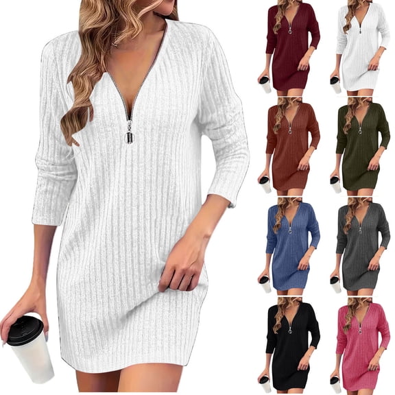 Dresses for Women Fall Dress Women's Knit Dress with Puff Sleeves for Fall & Winter - Round Neck Casual Tunic Dress Ndbuld ,White,S