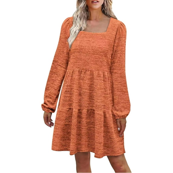 Dresses for Women Fall Dresses for Women 2023 Casual Long Sleeve Babydoll Swing Sweater Dress Square Neck Loose Flowy Knee Length Dress