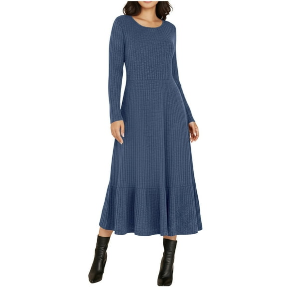 Dresses for Women Fall Long Sleeve Plus Size Ribbed Knitted Round Neck A-Line Soft and Swinging Dress with Pocket Casual (Navy 2XL)