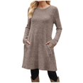 thumbnail image 1 of Dresses for Women Fall Long Sleeve Plus Size Solid Color Round Neck Side Decorative Buckle with Pockets Skirt(Brown L), 1 of 6