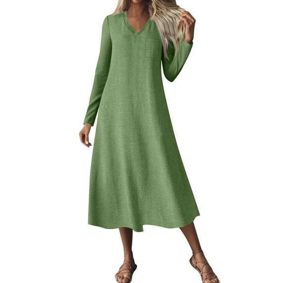 Dresses for Women Fall Plus Size V-Neck Solid Color Casual Pocket Long Dress(Green M)
