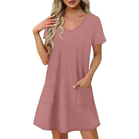 Dresses for Women Fashion Solid Color V-Neck Mid-Length Dress Casual Slim Fit Short Sleeve Sundress