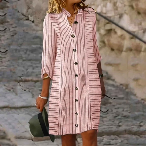 Dresses for Women Fashion Versatile Striped Print Button Dress Casual Loose Summer Dress Red S