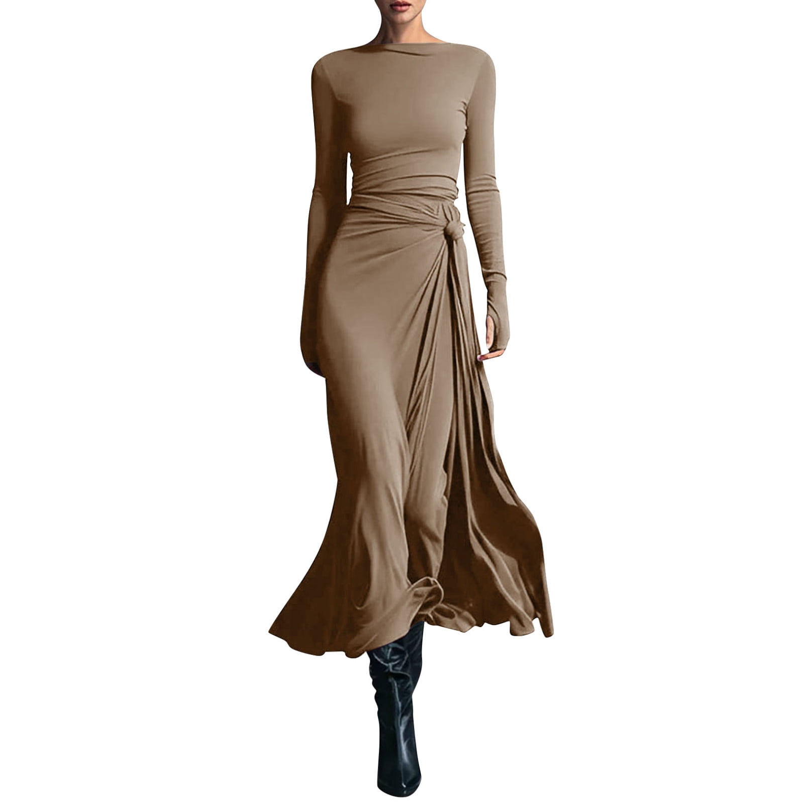 bodycon dress modest Dresses for Women Fashion Winter Casual Slim Round Neck Long Church Wedding Love Me Pink Lace satin bodice chiffon dress plum Color:BLUE TOPAZ Brown Lined Lace Knit