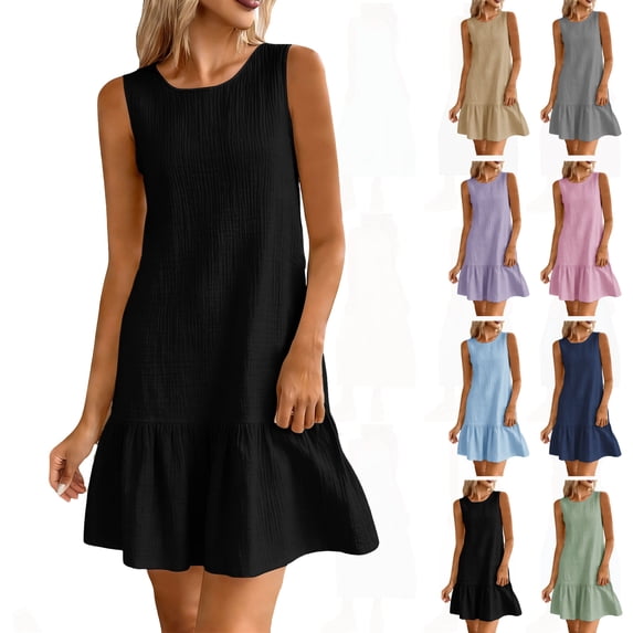 Dresses for Women Fashion Women Summer Solid Casual Round-Neck Sleeveless Mini Dress Black XXL
