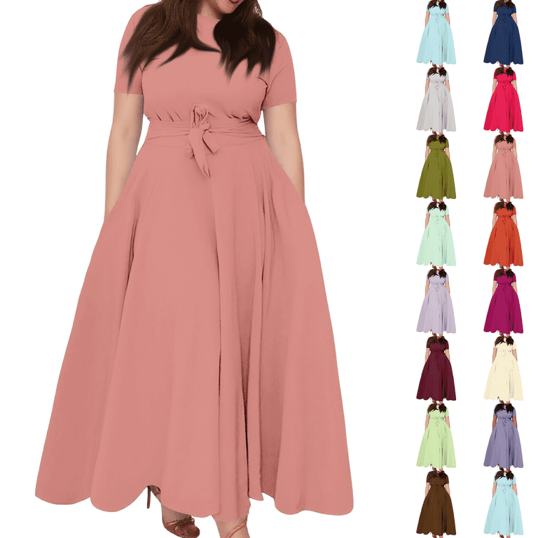 Dresses for Women Fit and Flare Short Sleeve A-line Semi Formal Wedding Guest Tie Waist Dress for Cocktail Party Pink 5XL