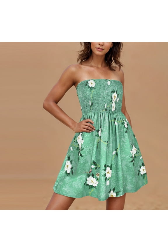 Dresses for Women Floral Print Cover Ups Strapless Boho Dress with Elastic for Vacation Party Resort Wear Summer Beach Dress