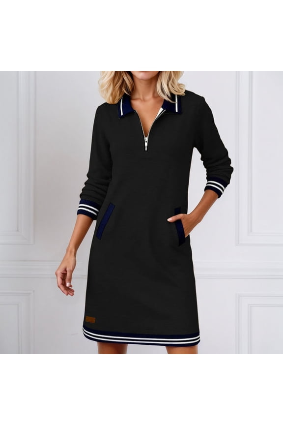 Dresses for Women Half Zip Color Block Polo Lapel Dress Long Sleeve Tunic Dresses Color Black Size S