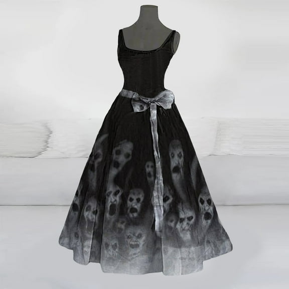 Dresses for Women Halloween Print Flared Sleeveless Tunic Sun Dress Black L