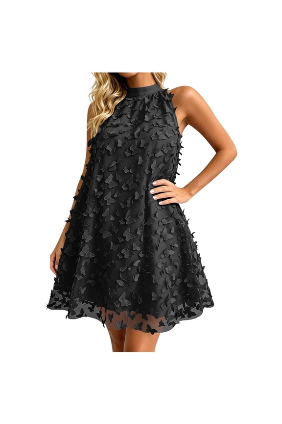 Dresses for Women High Neck Butterfly Applique Dresses Mesh Hem Casual Short Sundresses Summer Party Outfit Dress