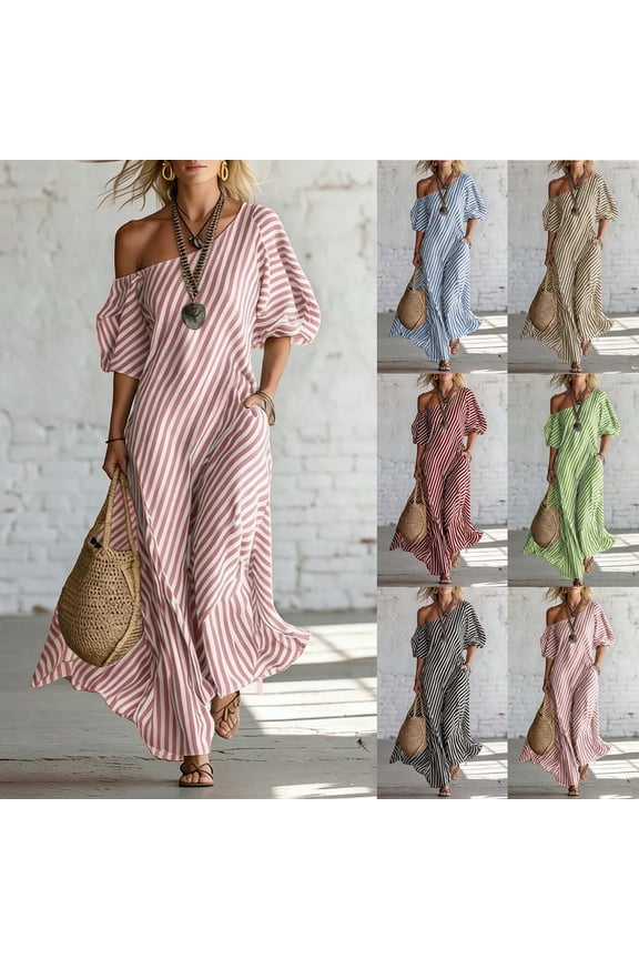 Dresses for Women Holiday Ndbuld Women Asymmetrical One Shoulder Puff Sleeve Striped Maxi Dress Loose Casual Beach Dress Khaki L