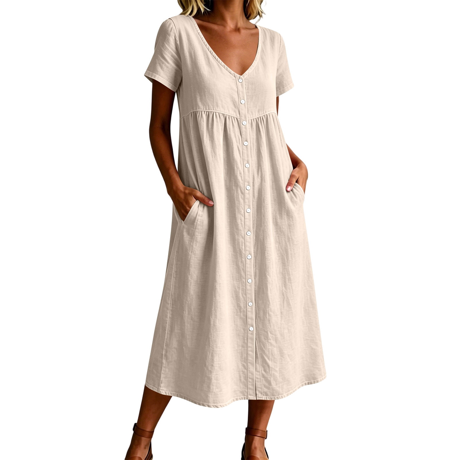 knee length smock dress Dresses for Women Jerdar Women's Summer Casual 3/4 Sleeve Knee-Length Midi Dress Button Down Boho Smock Dress with Pockets XXL