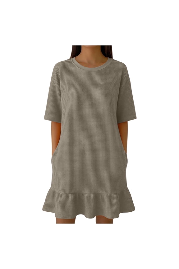 Dresses for Women Jerdar Women's Waffle Knit Peplum Dress Dropped Waist Ruffle Hem Oversized Fit Dress Crew Neck Casual Dress with Pockets S