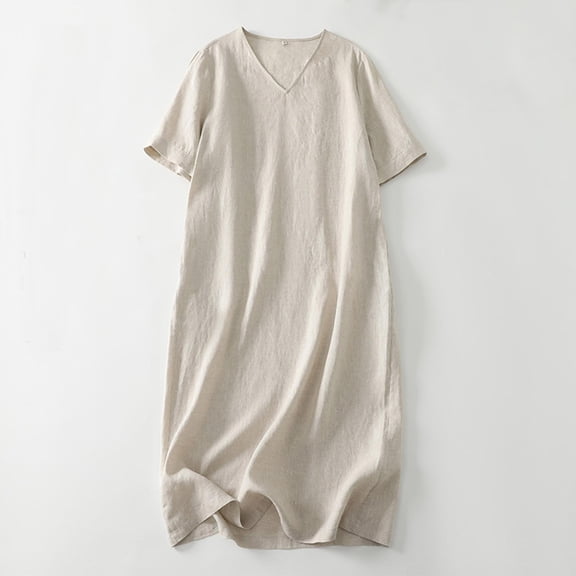 Dresses for Women Linen V Neck Loose Fit Slimming Versatile Office Casual Dress Beige XL