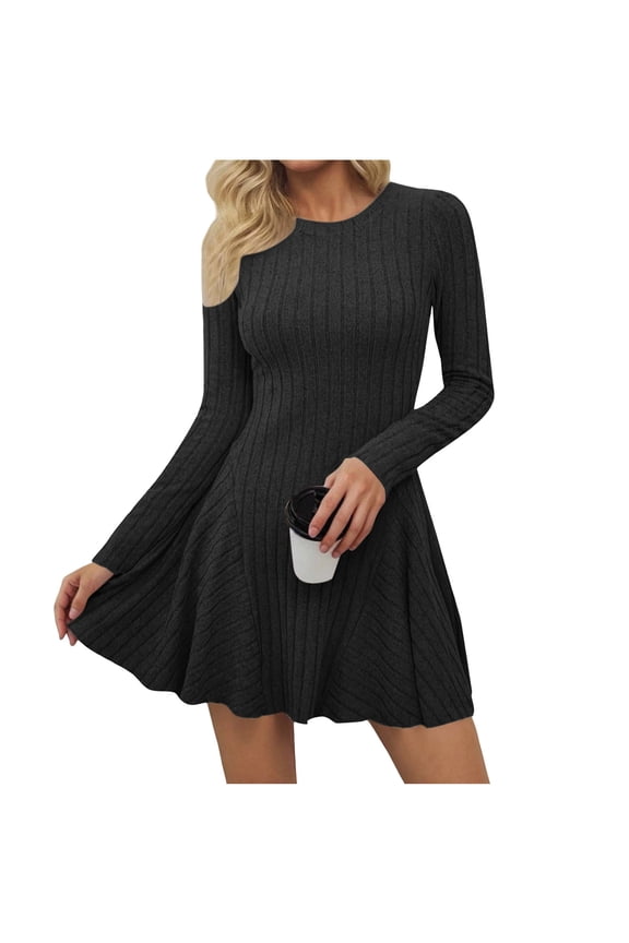 Dresses for Women Long Sleeve Button V Neck Lightweight Ribbed Knit Casual a Line Swing Flared Fall Dresses