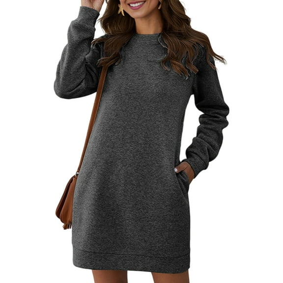 Dresses for Women Long Sleeve Casual Loose Fit Fall Fashion Crewneck Mini Dress with Pockets Dark Gray L
