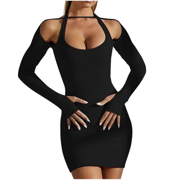 Dresses for Women Long Sleeve Cold Shoulder Stretch Mini Tight Dress Knit Ribbed Short Clubwear Night Outfit