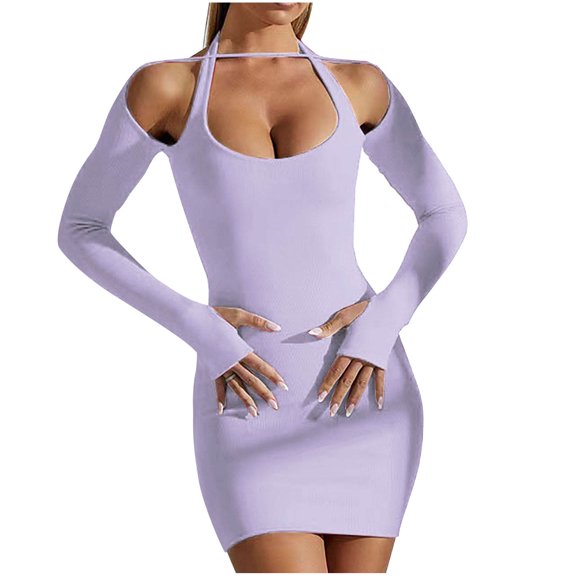 Dresses for Women Long Sleeve Cold Shoulder Stretch Mini Tight Dress Knit Ribbed Short Clubwear Night Outfit