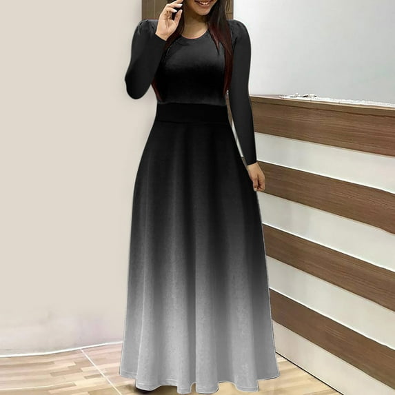 Dresses for Women Long Sleeve Fall Round-Neck Print Colorful Long Printing Dresses Black S
