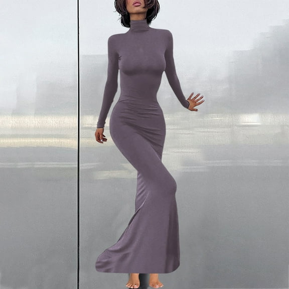 Dresses for Women Long Sleeve Fall Round-Neck Pullover Solid Color Wrap Buttocks Dress Purple S