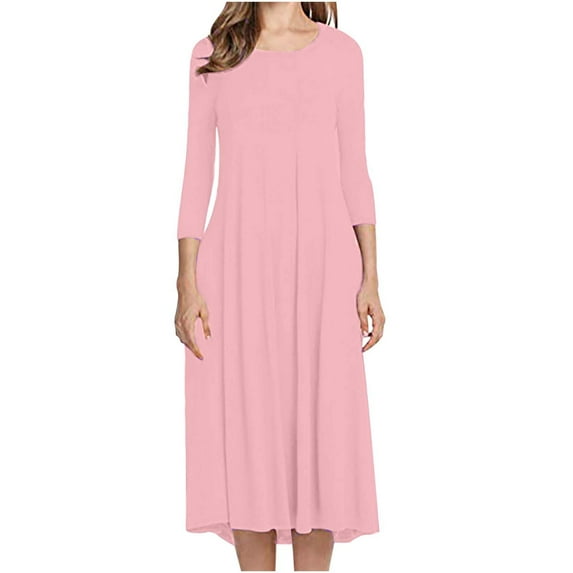Dresses for Women Long Sleeve Plus Size Button V-Neck Solid Color Casual Dress Pink 2XL