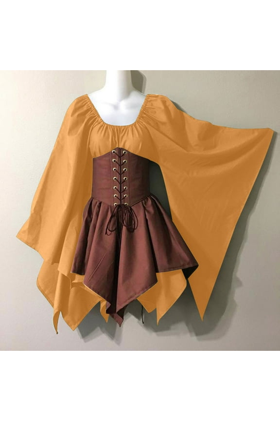 Dresses for Women Long Sleeve Plus Size Halloween Dress for Women Costumes Gothic Corset Round-Neck Mid-Calf Dress Orange XL