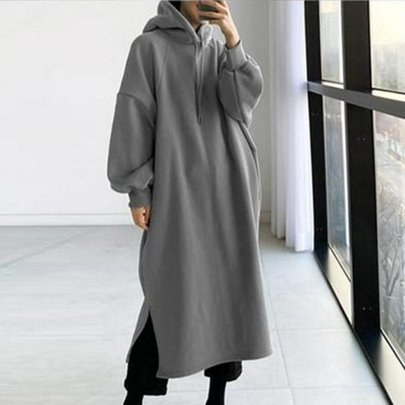 Dresses for Women Long Sleeve Plus Size Hooded Solid Loose Sweatshirt Dress Gray XL