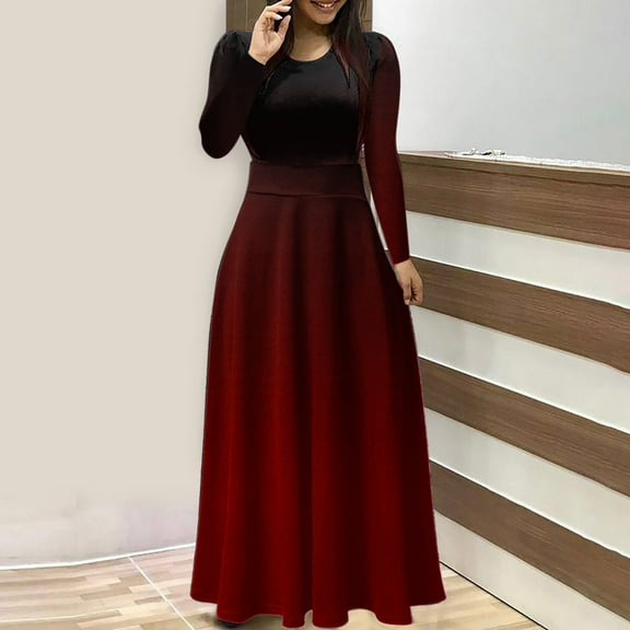 Dresses for Women Long Sleeve Plus Size Round-Neck Solid Colorful Long Dresses Red XL