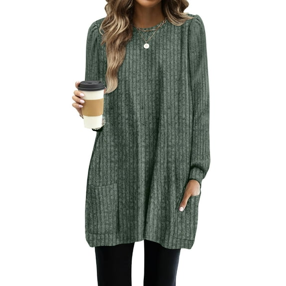 Dresses for Women Long Sleeve Ribbed Sweater Dress Fall Loose Fit Casual Dresses with Pockets