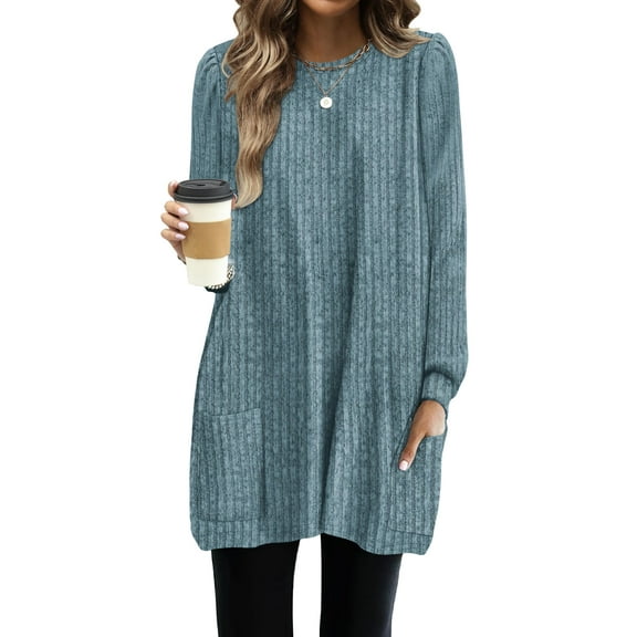 Dresses for Women Long Sleeve Ribbed Sweater Dress Fall Loose Fit Casual Dresses with Pockets
