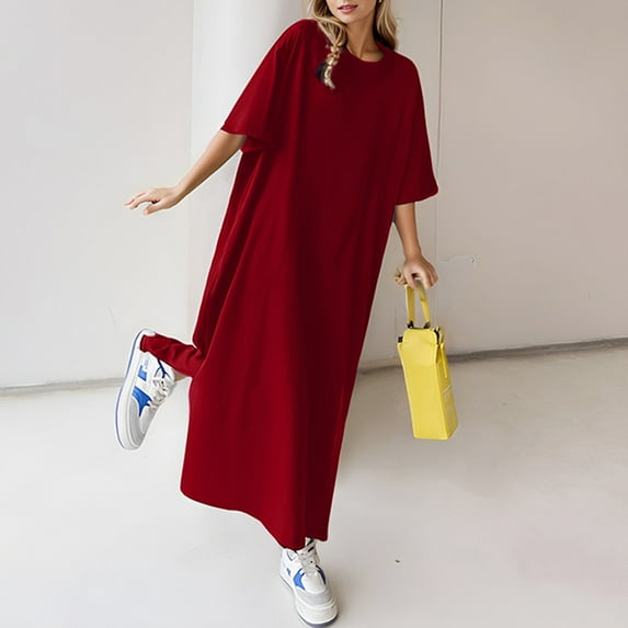 Dresses for Women Loose Casual Solid Color Short Sleeved T Shirt Dress Sun Dress Red L