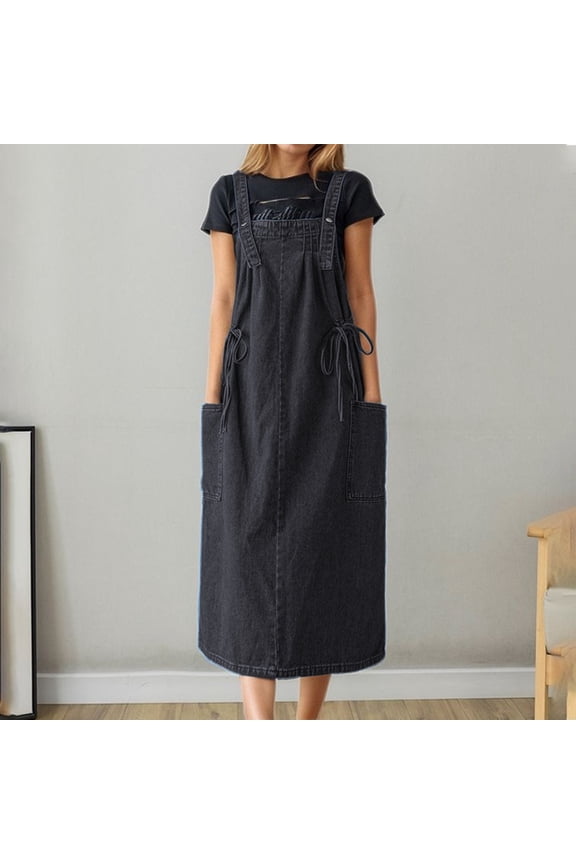 Dresses for Women Loose Denim Jumper Dress Long Baggy Tank Dress with Adjustable Strap Color Grey Size M