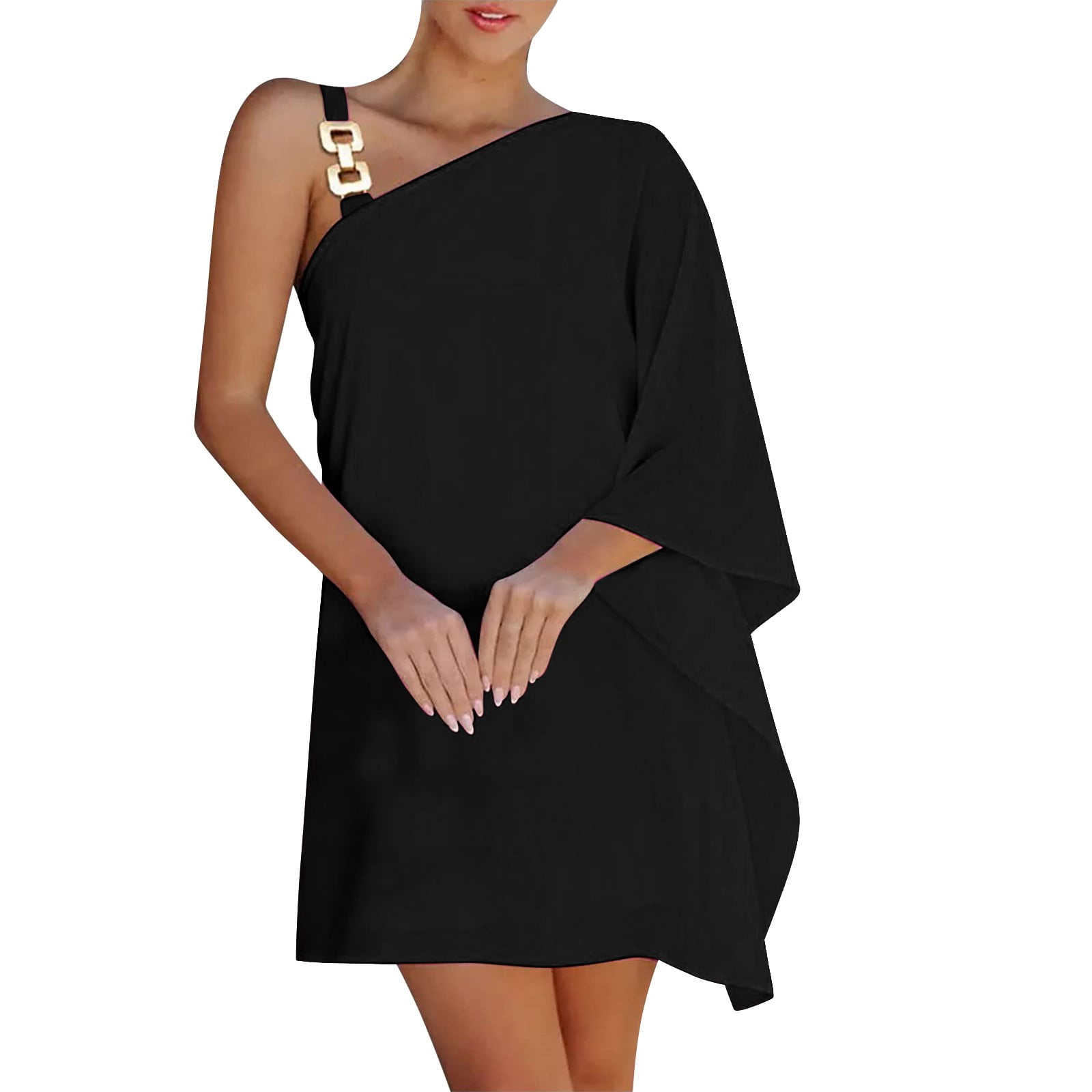 ワンピース ETMON Strap Slit Off Shoulder Dress, Black Dresses for Women One Shoulder Half Bat Sleeve Solid Loose