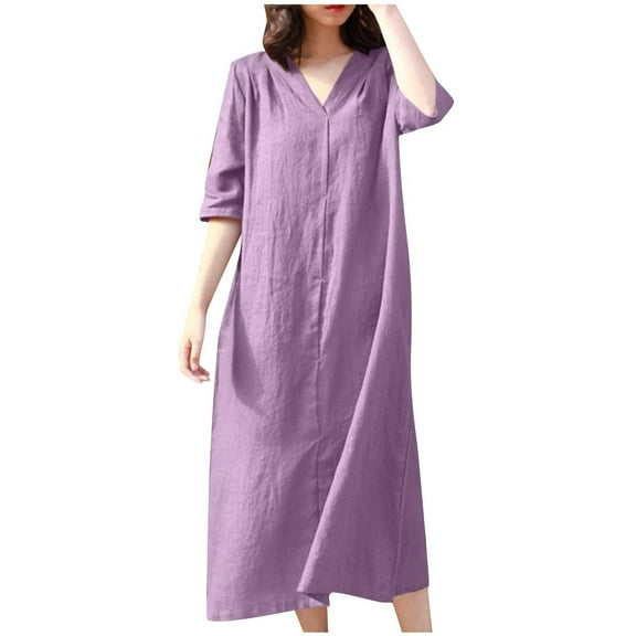 Dresses for Women Plus Size Casual Dress V Neck 3/4 Long Sleeve Solid Color Fashion Summer Loose Cotton Dresses