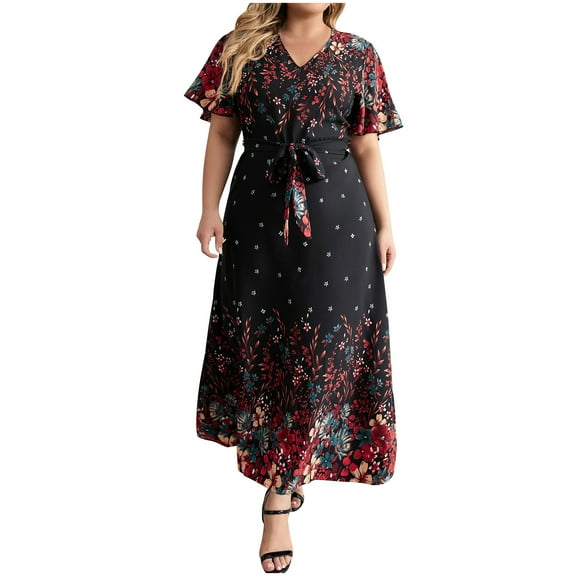 Dresses for Women Plus Size Casual Loose Large Neck Printed Lace Up Holiday Style Large Skirt Hem Dress