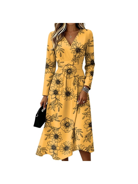 Dresses for Women Plus Size Flowy Casual V Neck Wrap Dress Boho Beach Floral Print Sundress